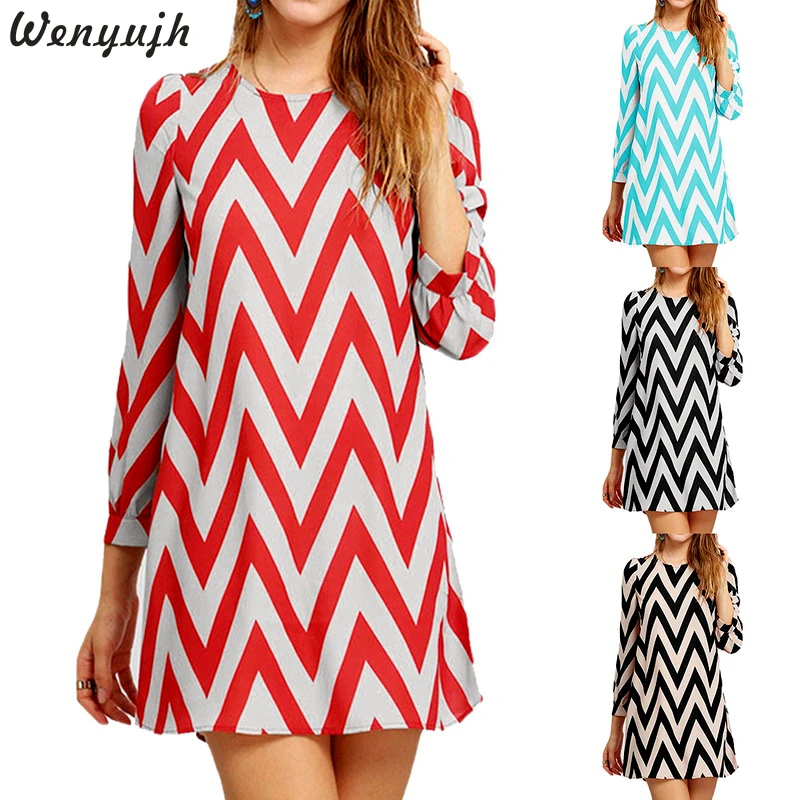 

Wenyujh Women Boho Spring Summer Long Sleeve Dress Casual O-Neck Wave Pattern Dress Ladies Office Elegant Party Dress Plus Size