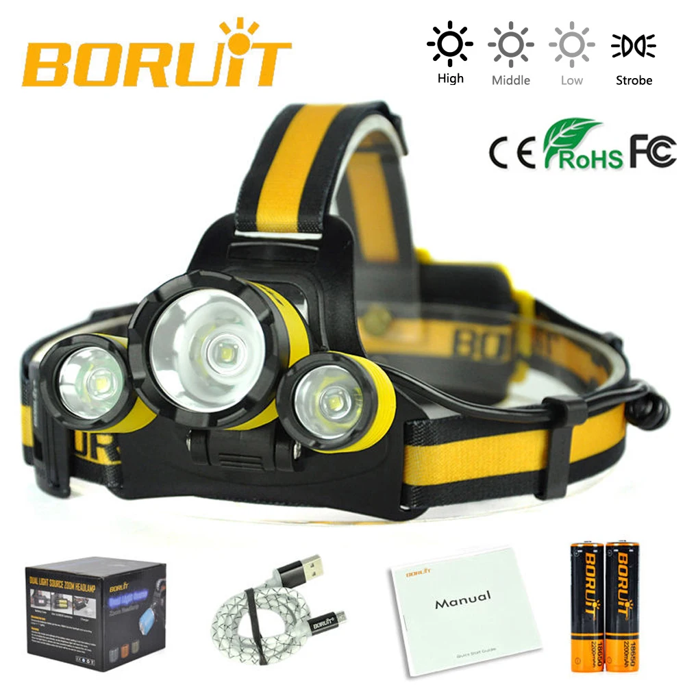 Налобный фонарь BORUiT светодиодный с кабелем Micro USB XM L T6 и 2 аккумуляторами 18650|hunting