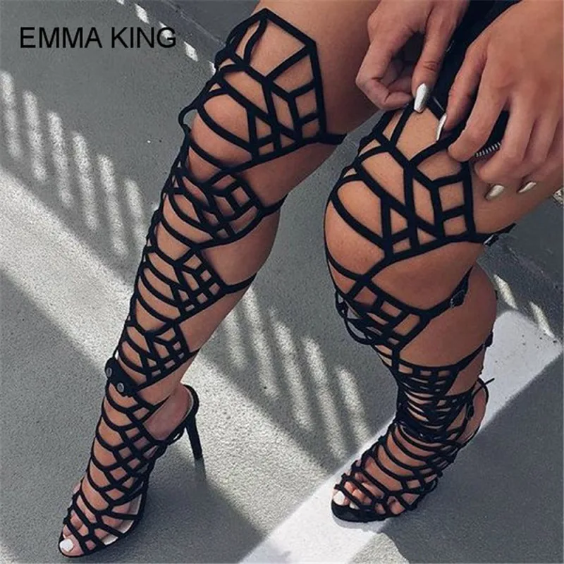 

EMMA KING Over Knee Women Summer Boots Hot Sexy Buckle Hollow Out Breathable High Heel Pointed Toe Ladies Sandals For Nigh Club