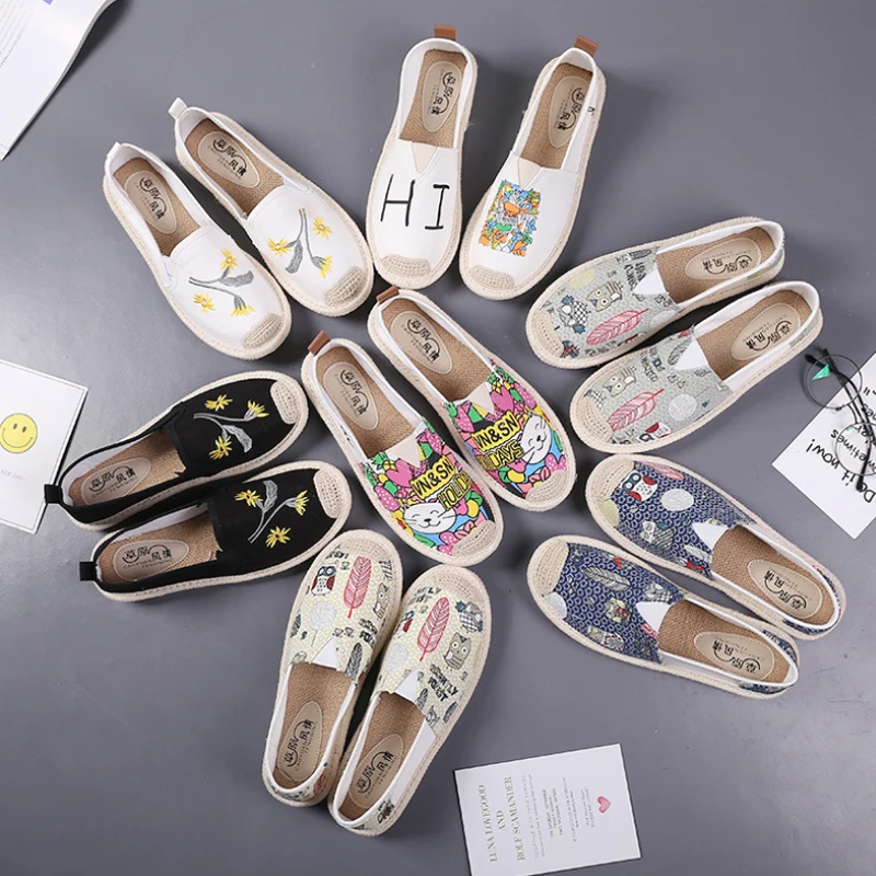 summer women's flat shoes breathable graffiti canvas linen women espadrilles non-slip casual white sneakers ballet flats