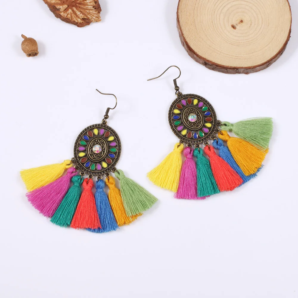 

2018 Ethnic Bohemian Women Colorful Tassel Earrings Circle Ring Resin Geometric Gem Rhinestone Fringe Dangle Earring Jewelry