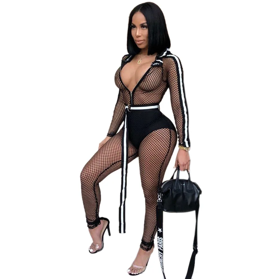 

Sexy Sheer Mesh Bodysuit Jumpsuit Summer Body Even Hat Zipper Long Sleeve Rompers Womens Jumpsuits for Women 2018 New