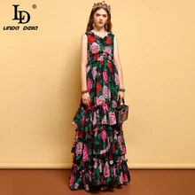 LD LINDA Делла, летнее платье размера плюс, макси, женское, эластичная талия, ярусный слой, подол, роза, цветочный принт, винтажное, элегантное, длинное платье