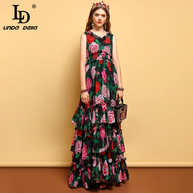 

LD LINDA DELLA Summer Plus Size Maxi Dress Women's elastic Waist Tiered Layer Hem Rose Floral Print Vintage Elegant Long Dress