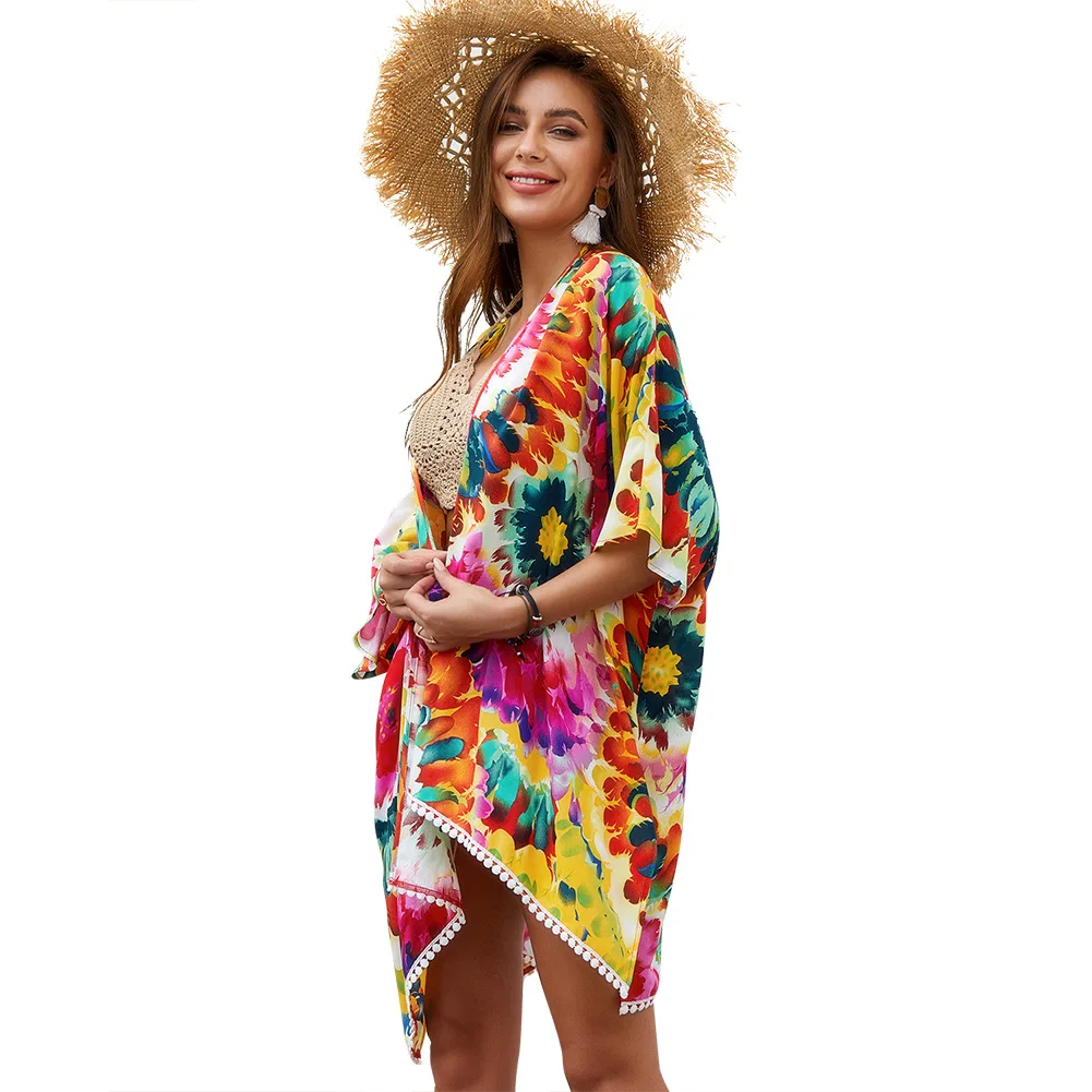 

Women Chiffon Blouse Kimono Beach Cardigan Cover Up Summer Casual Thin Boho Vocation Coat Hippie Floral Top Loose Blouse Cape