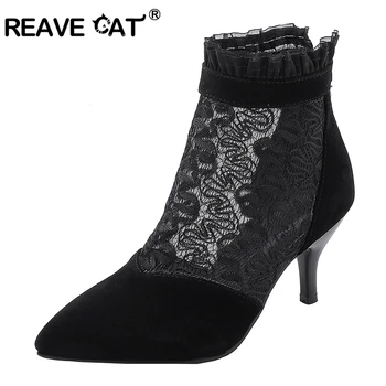 

REAVE CAT Shoes woman Ankle boots Summer boots Pointed toe Flock Mesh Thin heel Big size 32-43 Black New arrive Ruffles A1995