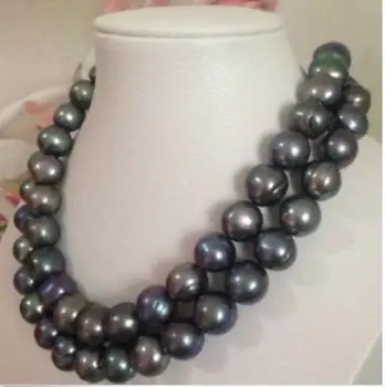 

double strands 11-12mm tahitian baroque black green pearl necklace 18"-19"