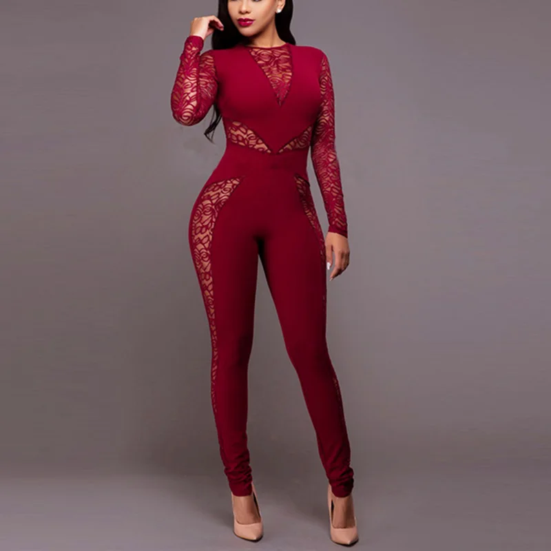 Buy Burgundy Patchwork Hollow Out See Through Lace Bodysuit Women Clubwear Sexy