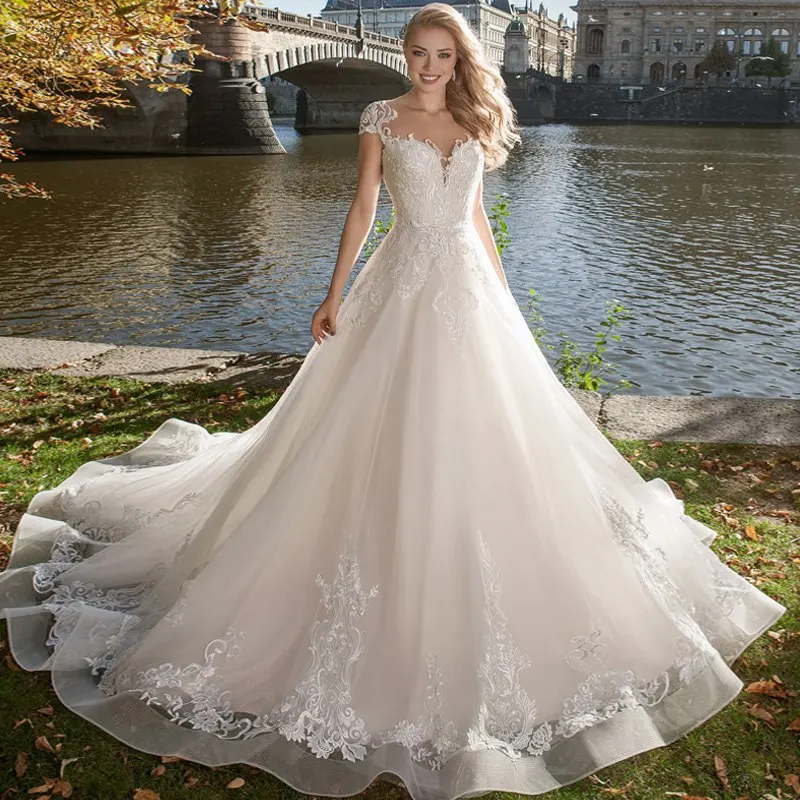 

2019 Bohemian Wedding Dresses Jewel Lace Satin Bridal Gowns Button Back Beach Cap Sleeves A-Line Wedding Dress Robe De Mariee