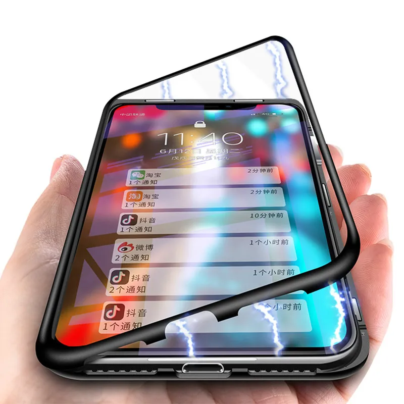 Магнитный адсорбционный чехол для iPhone X 10 роскошный металлический бампер + задняя