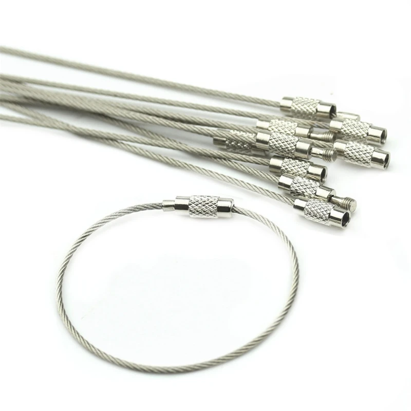 OOTDTY 10Pcs Screw Locking Stainless Steel Wire Keychain Key Ring Cable