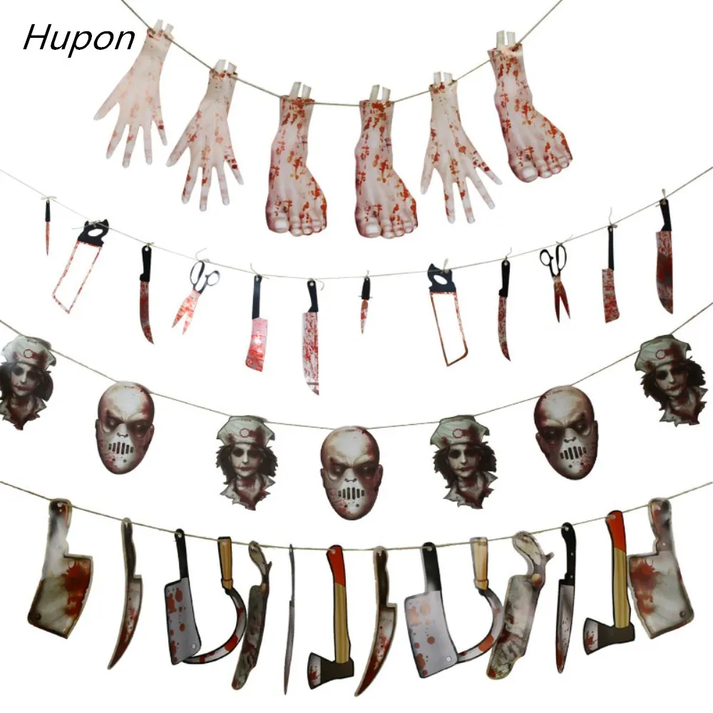 

Horror Halloween Mask Blood Knife and Fork String Flag Banners Haunted House Decorations Prop Scene Layout Party Banner Supplies