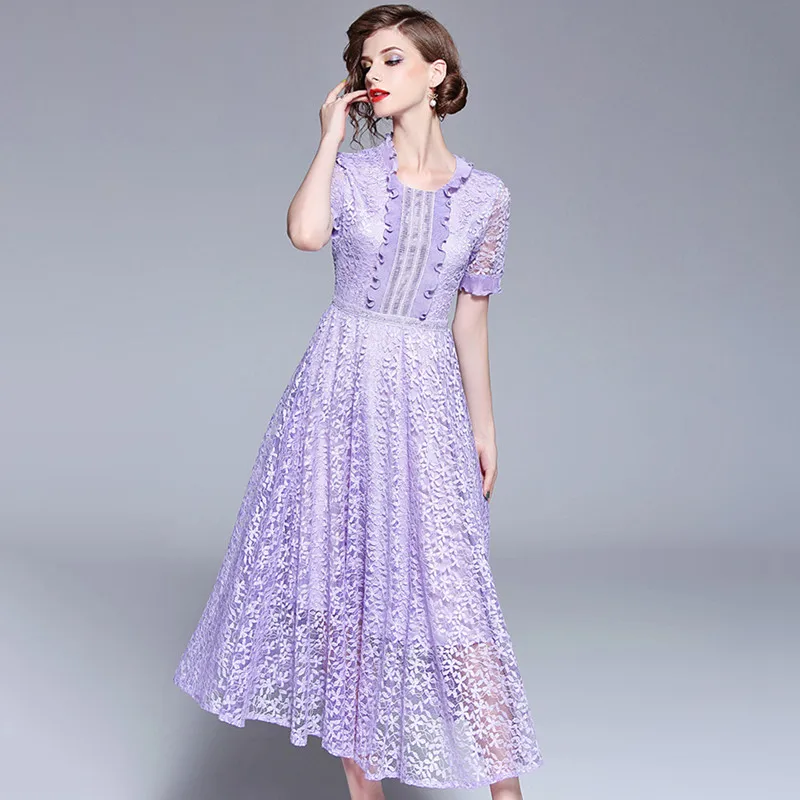 

2019 New Summer Style Elegant Lace Dress Women Short Sleeve O-Neck Hollow Out Ruffles Ball Gown Vintage Party Dress Vestido