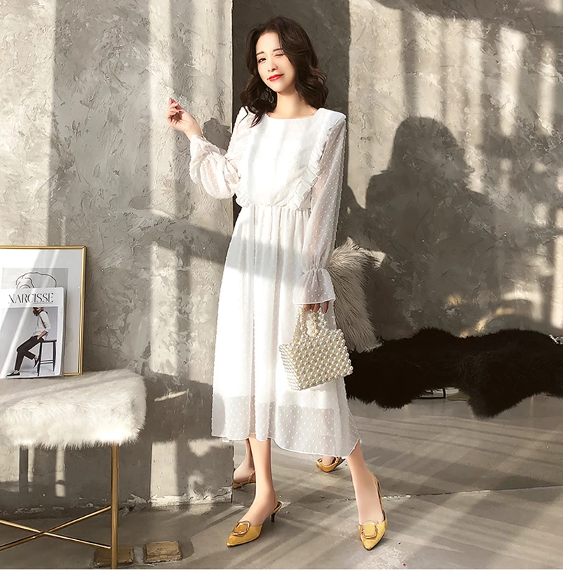 BGTEEVER Ruffles Polka Dot Women Chiffon Dress Elastic Waist Flare Sleeve Female Long Vestidos A-line White Dress