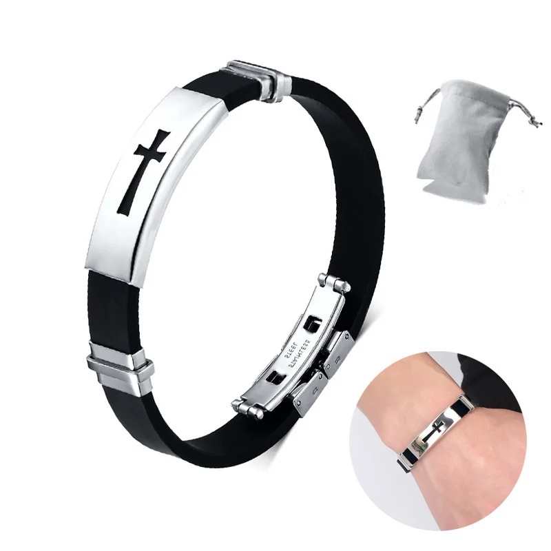 Men's Stainless Steel Cross Bracelet with Black Silicone Wristband