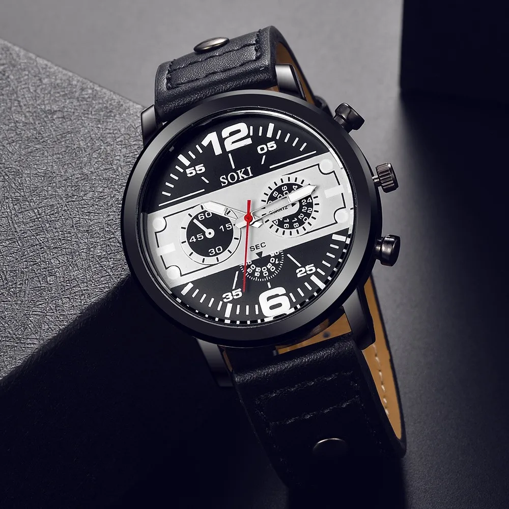 

SOKI Fashion Special Brand Cool Mens Watches Sports Leather Band Buckle Men's Clock Quartz Wrist Watches relogio masculino