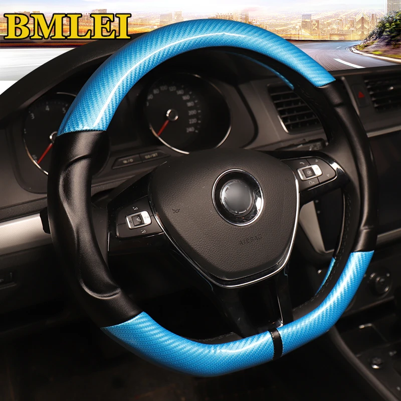D Shape Genuine Leather Car Steering Wheel Cover SPort Carbon Fiber