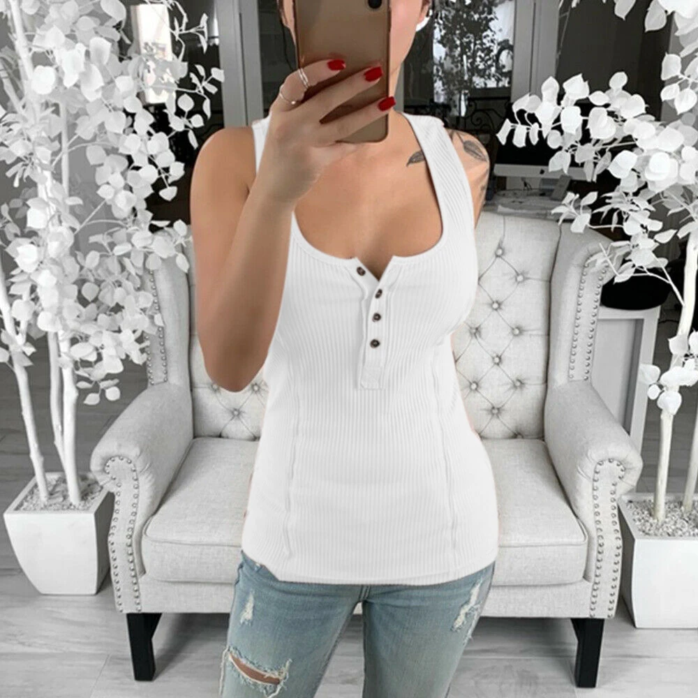 Summer New Ladies Casual Street Daily Sleeveless Solid Skinny Tank Top Vest Women High Quality Scoop Neck Low Cut Button Vest