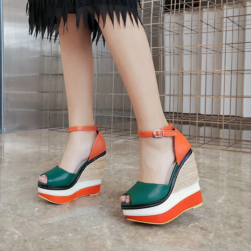 

YMECHIC Fashion Gothic Summer 2019 New Wedge Womens Shoes Platforms Super High Heels Peep Toe Ankle Strap Ladies Sandals Red