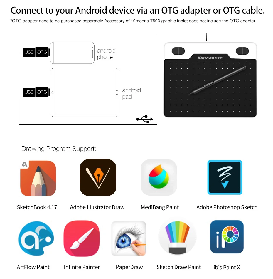 10moons T503 ультра-светильник, графический планшет, микро USB, цифровой планшет, 8192 уровней, планшет для рисования, нет необходимости в зарядке, ручка