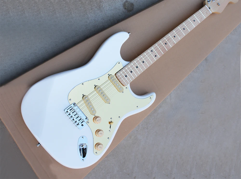 

White Electric Guitar with Golden Pickguard,SSS Pickups,Maple Fingerboard,Chrome Hardwares,offering customized services