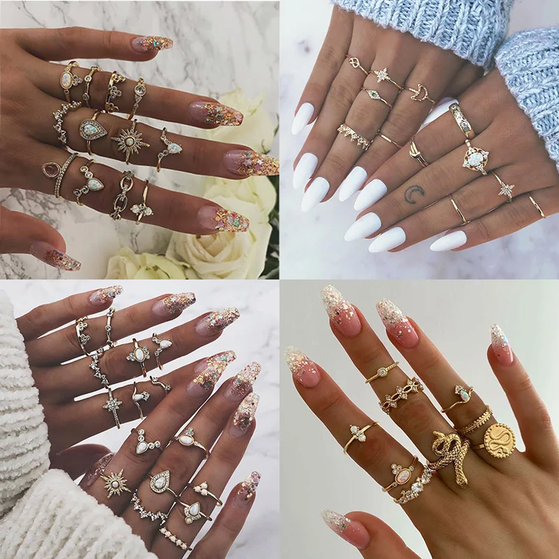

FNIO 12 Pcs/set Bohemian Vintage Crown Water Drops Stars Geometric Crystal Ring Set Women Charm Ring Party Wedding Jewelry Gift