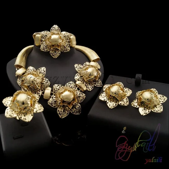 

22ct gold color fashion jewelry sets copper flower jewelry set guangzhou fashion jewellery