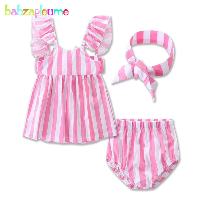 babzapleume Summer Newborn Baby Girls Clothes Cute Pink Stripe T-shirt+Shorts 1st Birthday Infant Clothing Sets 3PCS Suit BC1244