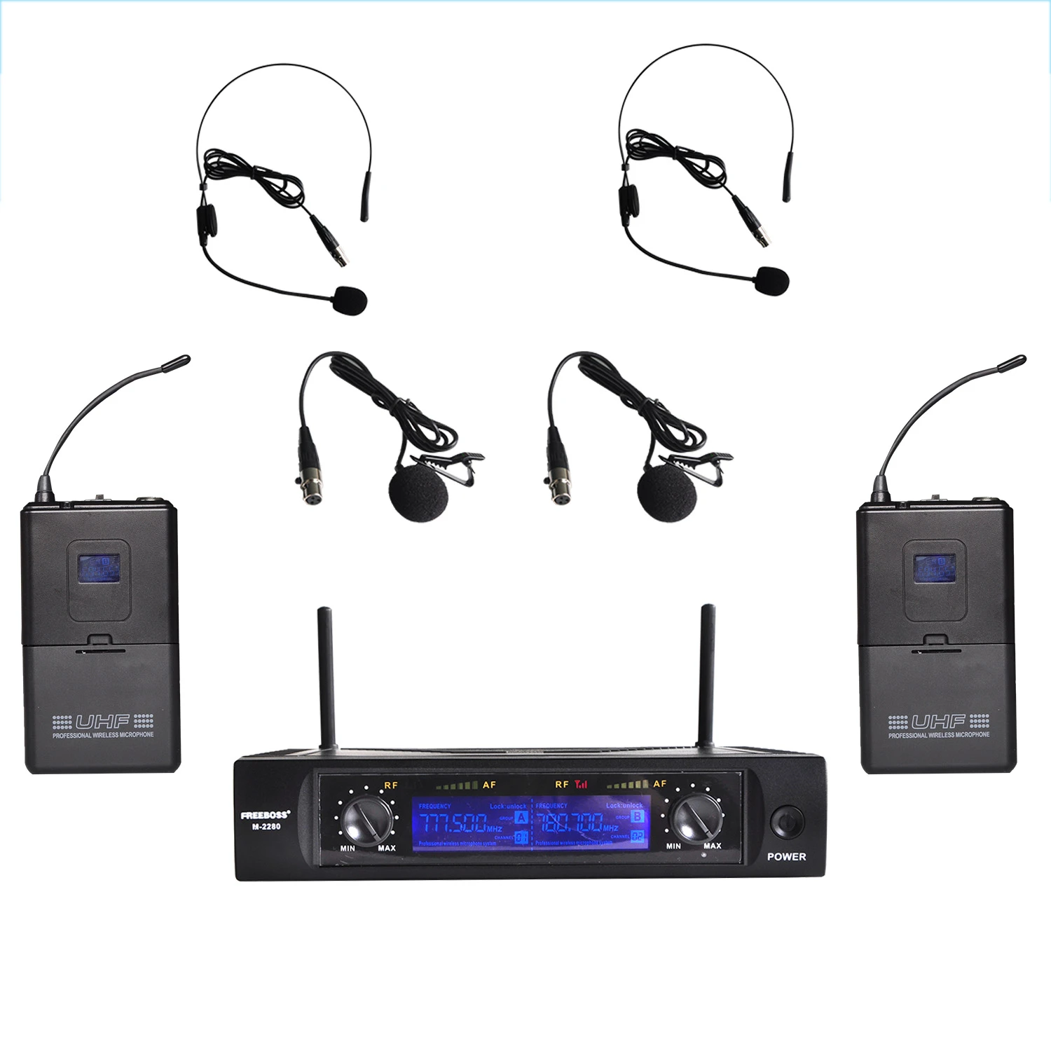 M 2280H2 50M Distance 2 Channel Headset Mic System Stage Karaoke UHF