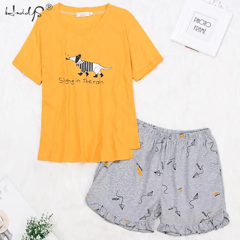 

Kawaii Two Piece Pajamas Set Women Cartoon Short Sleeved + Shorts Home Suit Spot 100% Cotton Sleepwear Summer Pijama Homewear