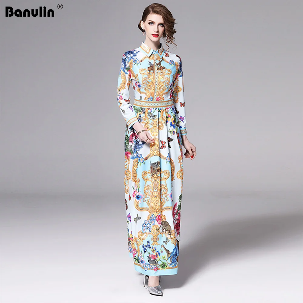 

Banulin Runway Designer 2019 Spring Holiday Maxi Dress Women's Long Sleeve Gorgeous Printed Vintage Long Shirt Dress Vestido