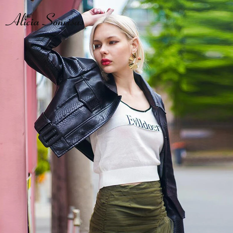 

High End Leather Jacket Women Short Motorcycle Fashion 2 Buttons Bandage Red Crocodile Pattern Fake Snake Soft PU Leather Coats