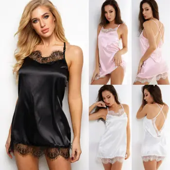 

2019 Women's Satin Nightdress Sexy Lotus Hem Sling Dress Chemise Mini Nightgown