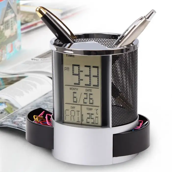 Multifunction Pen Pencil Holder Digital Calendar Alarm Clock Time Temp Function Metal Mesh For Home Desk Office Supplies WXV Sal