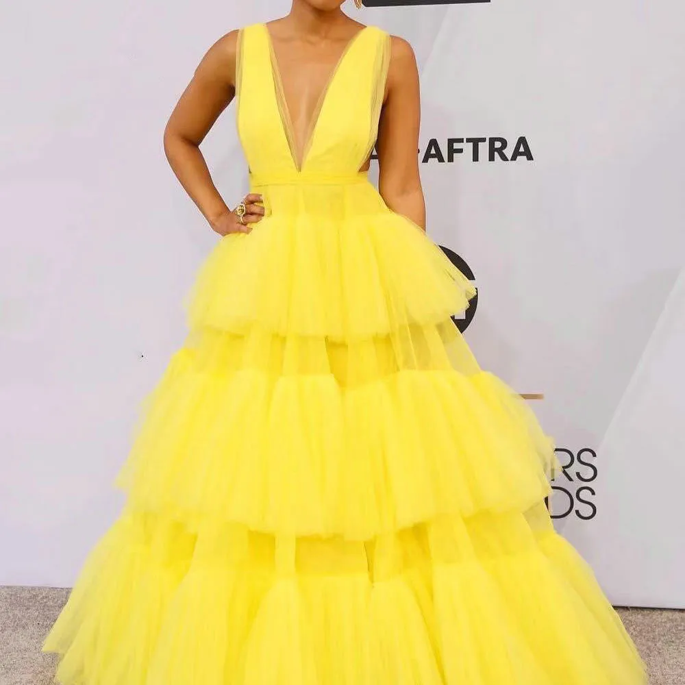 Sexy-Celebrity-Dress-2019-Sexy-V-Neck-Tiered-Ruffle-Yellow-Dress-Princess-Tulle-Formal-Evening-Gown