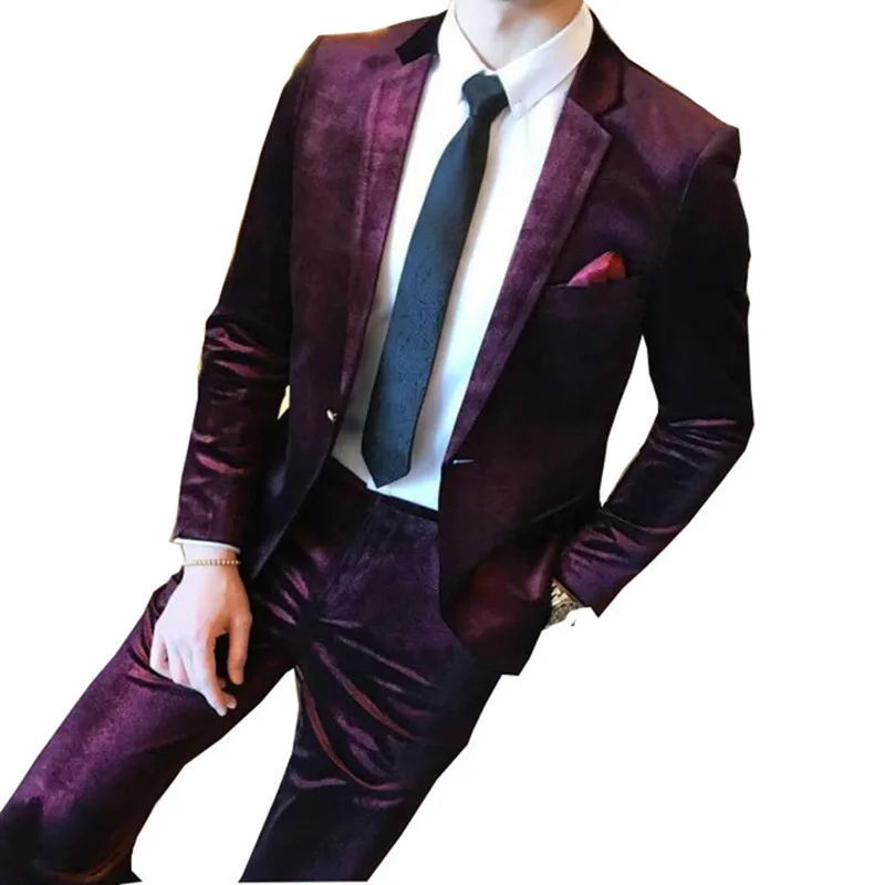2017 Purple Velvet 2 Pieces Slim Fit Men Suits Set Groomsmen Tuxedo