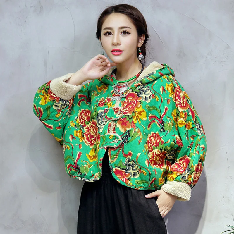 2019 Traditional Chinese Style Women Thick warm Short Coat Autumn Retro Button Printed Long Sleeve Cotton Linen cc470 | Женская одежда