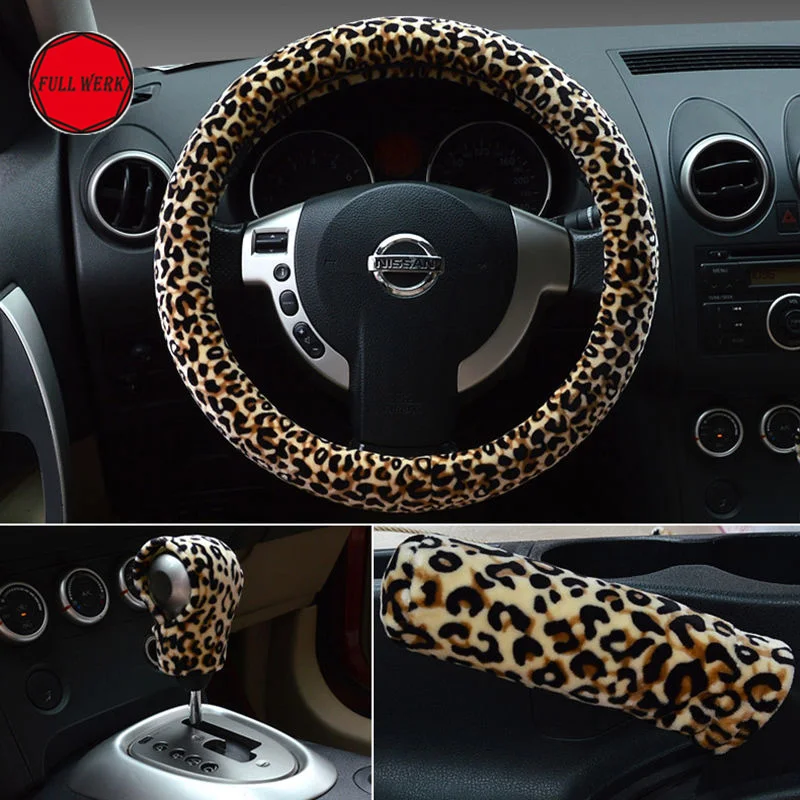 

1 Set Leopard 38cm Steering Cover Short Plush Steering Wheel Cover Gear Shift Protector Handbrake Wrap for Girls Car Decoration