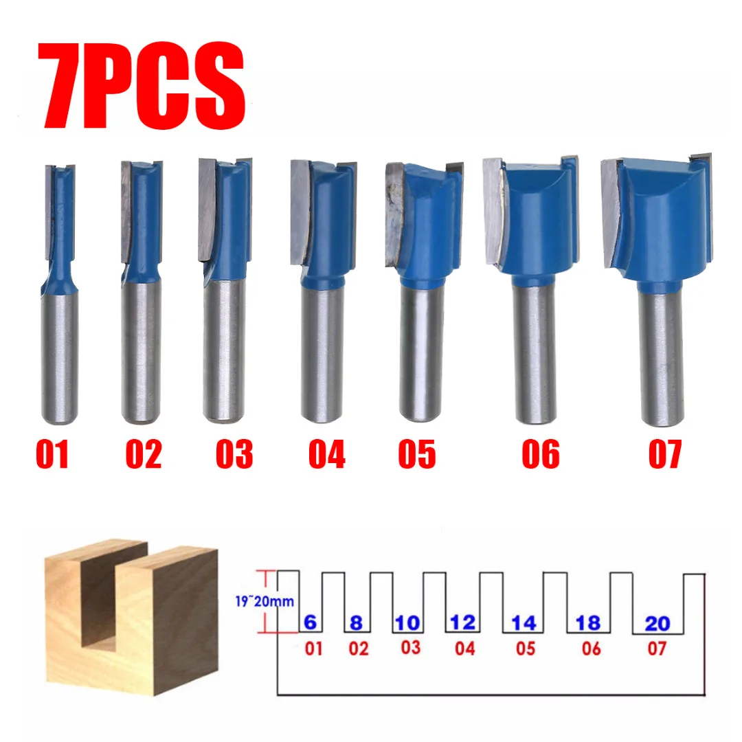 Mayitr 1Pc/7Pcs 8mm Woodworking Router Bit Shank Router Bit Straight Router Bit Set 6/8/10/12/14/18/20mm Cutting Diameter