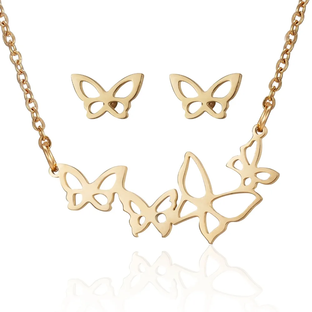 

Stainless Steel Hollow Butterfly Pendent Necklace Earrings Set Gold Color Animal Jewelry Sets For Women Wedding Jewelry Gifts