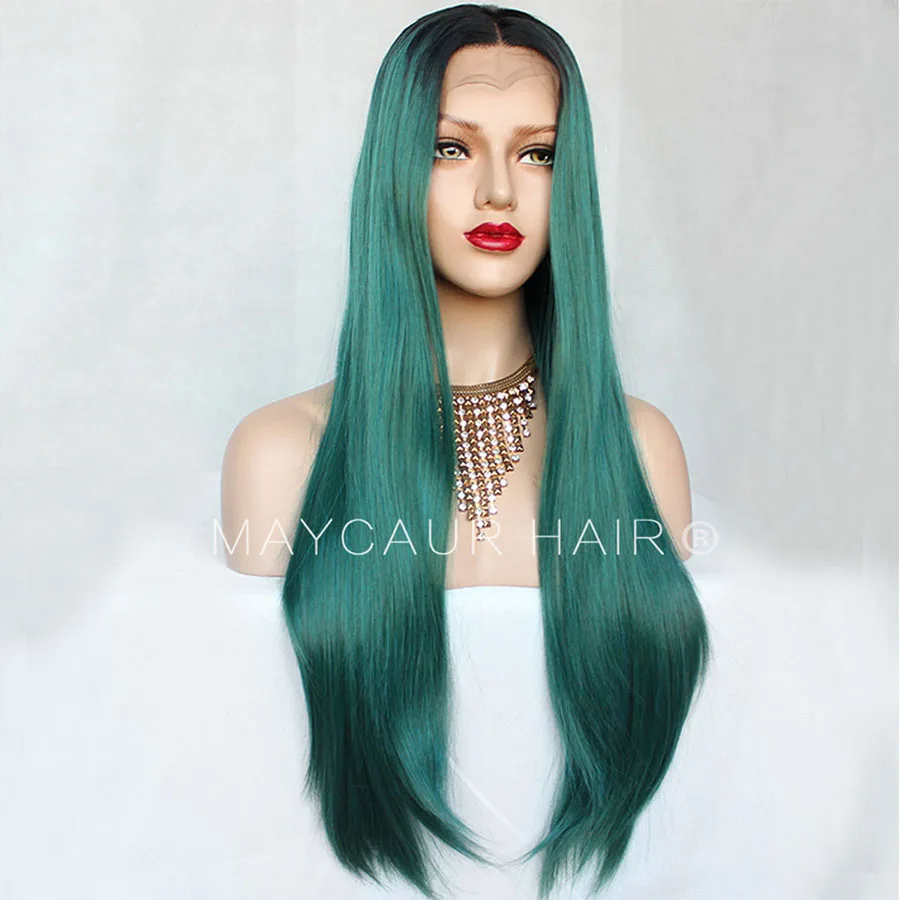 Черный зеленый Омбре цвет длинные прямые волосы парик гладкие парики с естественным Hairline Синтетические Кружева передние парики для черных женщин