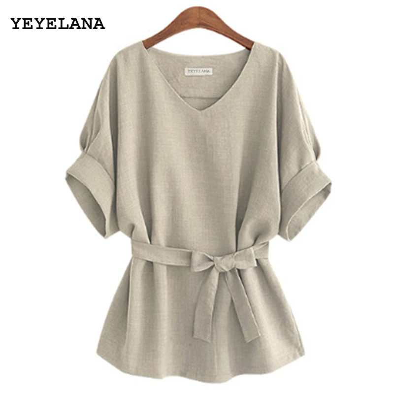 YEYELANA 2018 Summer Women Blouses Linen Tunic Shirt V Neck Big Bow Batwing Tie Loose Ladies Blouse Female Top For Tops A073