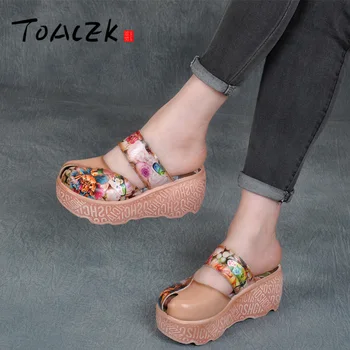 

Summer national wind shoes, thick bottom muffins and light slippers, vintage painted women's shoes, leather Baotou Cool drag