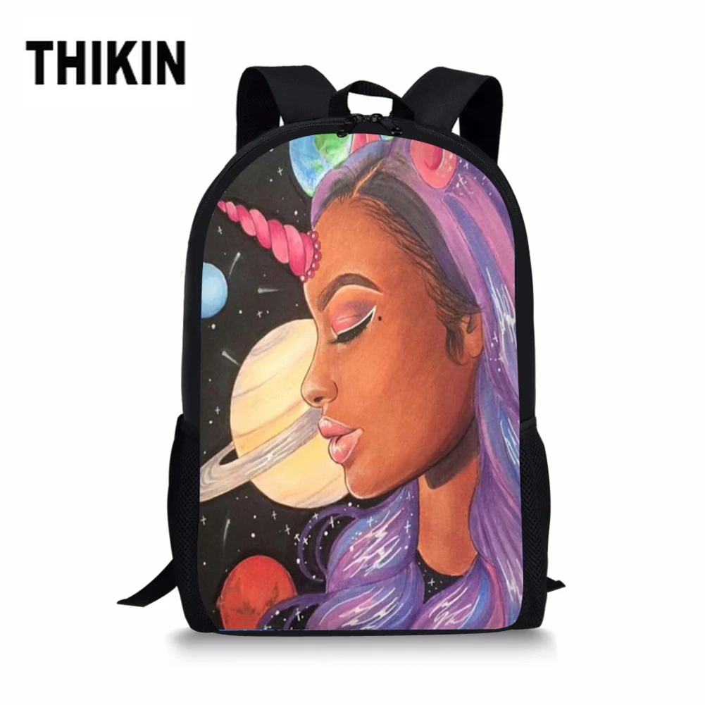 

THIKIN Fashion Galaxy Teenager School Bag African American Unicorn Black Girls Women South Backpack with Zipper Kids Book Bag