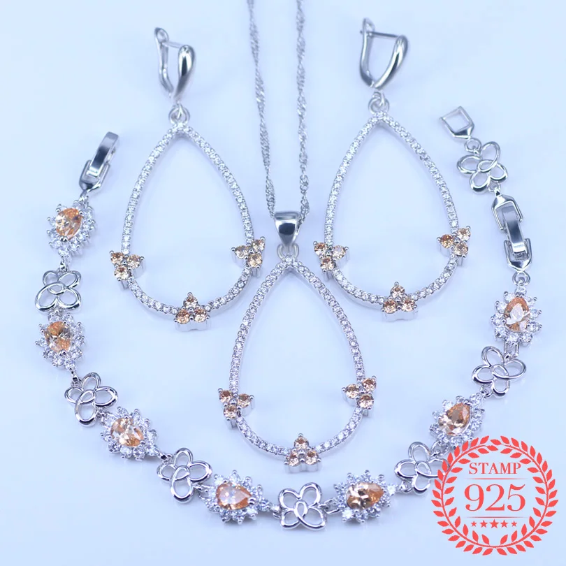 

Romantic Style 925 Sterling Silver Party Jewelry Champagne Zircon Jewelry Sets For Women Earrings/Pendant/Necklace/Bracelet