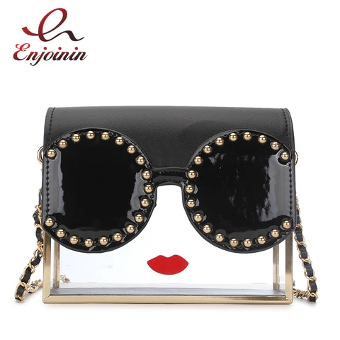 Caixa de Transparência Bolsa do Mensageiro Moda Acrílico Forma Lips Rivet Design Metal Cadeia Bolsa Crossbody Bolsas Femininas Aba Red