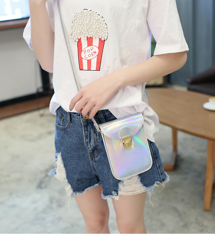 Новые летние мини голографическая сумка через плечо для Для женщин Курьерские сумки одноцветное Серебряный Young Для женщин сумка