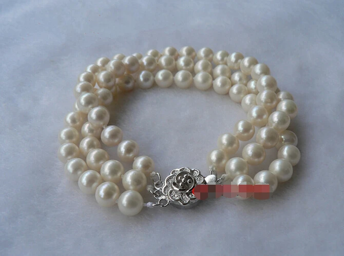 

Charming 3 strands 8-9mm south sea WHITE pearl bracelet 7.5-8" Plum flower clasp @^Noble style Natural Fine jewe SHIPPING new >>