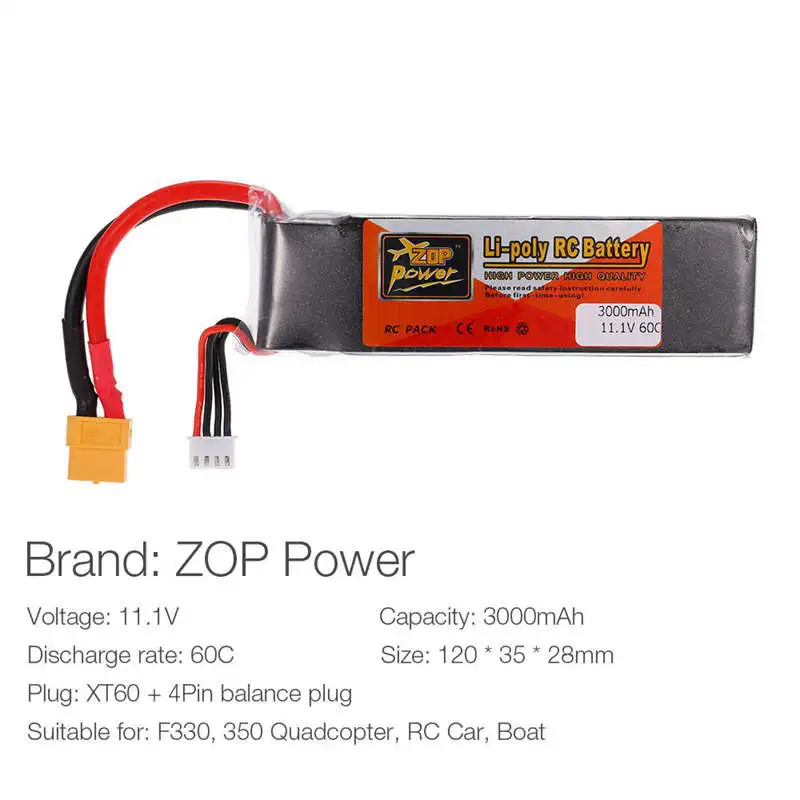 ZOP мощность 3S 11,1 V 3000mah 60C высокая скорость XT60 разъем Lipo батарея для F330 350 450 FPV Квадрокоптер RC автомобиль Лодка