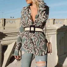 Vintage green snake print women long blouse shirt Animal turndown collar blouses and tops Casual ladies fashion tops turndown collar tartan print shirt